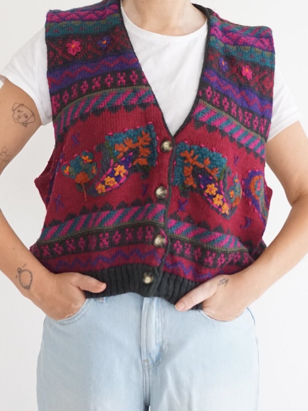 Vintage Jantzen Magenta Floral Tapestry Cottagecore Button Front Sweater Vest XL
